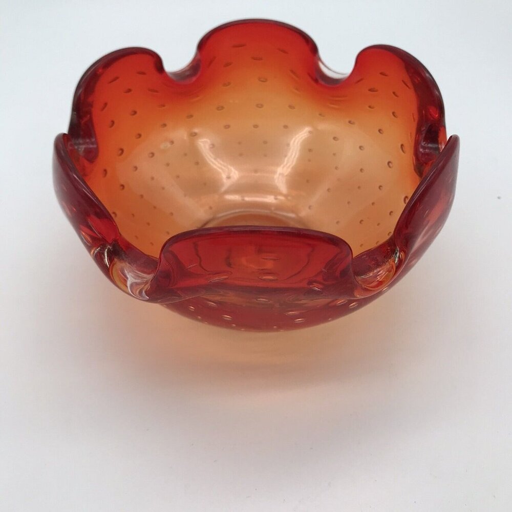 Art Glass Bullicante Bowl Ashtray Red Amberina Controlled Bubble Candy Trinket